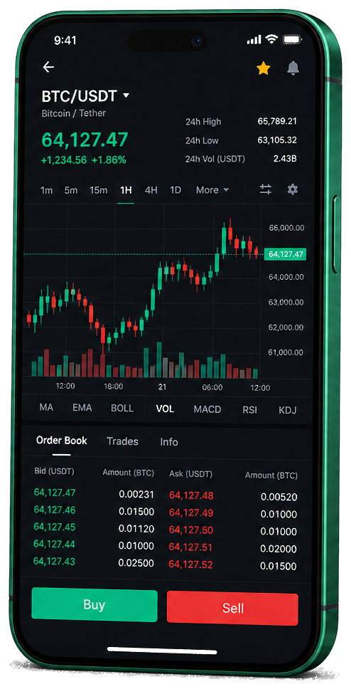 Plateforme de trading Zenith Zenith Valorect sur mobile — graphique BTC/USDT en direct, carnet d'ordres et interface d'achat/vente